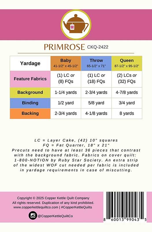 Fabric yardage chart for Primrose brand with colorful text and a pink border.