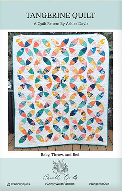 Pattern cover for the Tangerine Quilt by Ashlee Doyle, showing a colorful quilt with repeating circular leaf-like motifs in orange, teal, blue, yellow, and pink on a white background. The cover includes the title 'TANGERINE QUILT' at the top and 'Baby, Throw, and Bed' at the bottom, with the Crinkle Quilt logo and social handles at the bottom.