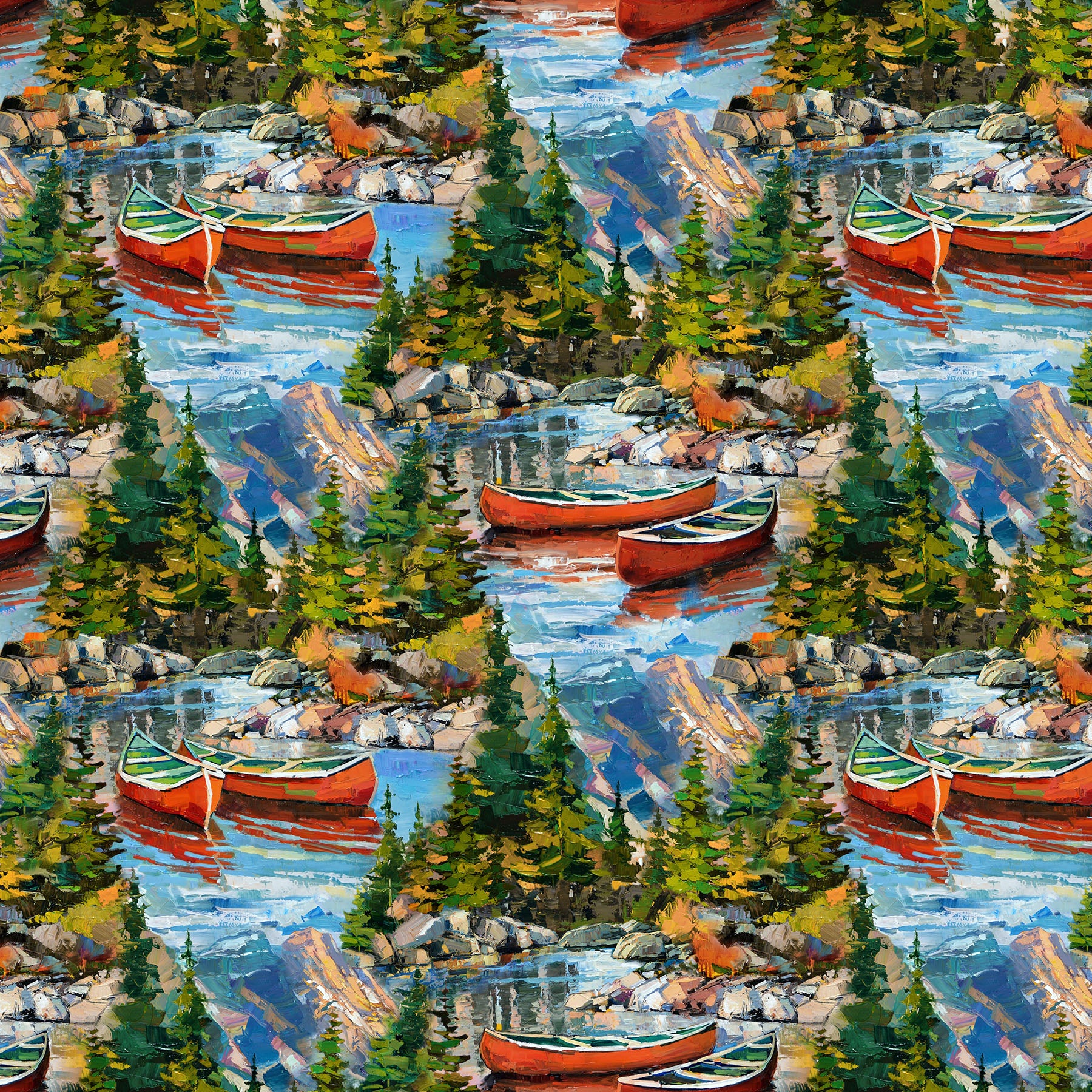 Fabric Northcott Blue Multi Scenic Canoe Lake by the Quarter Yard 29232-44