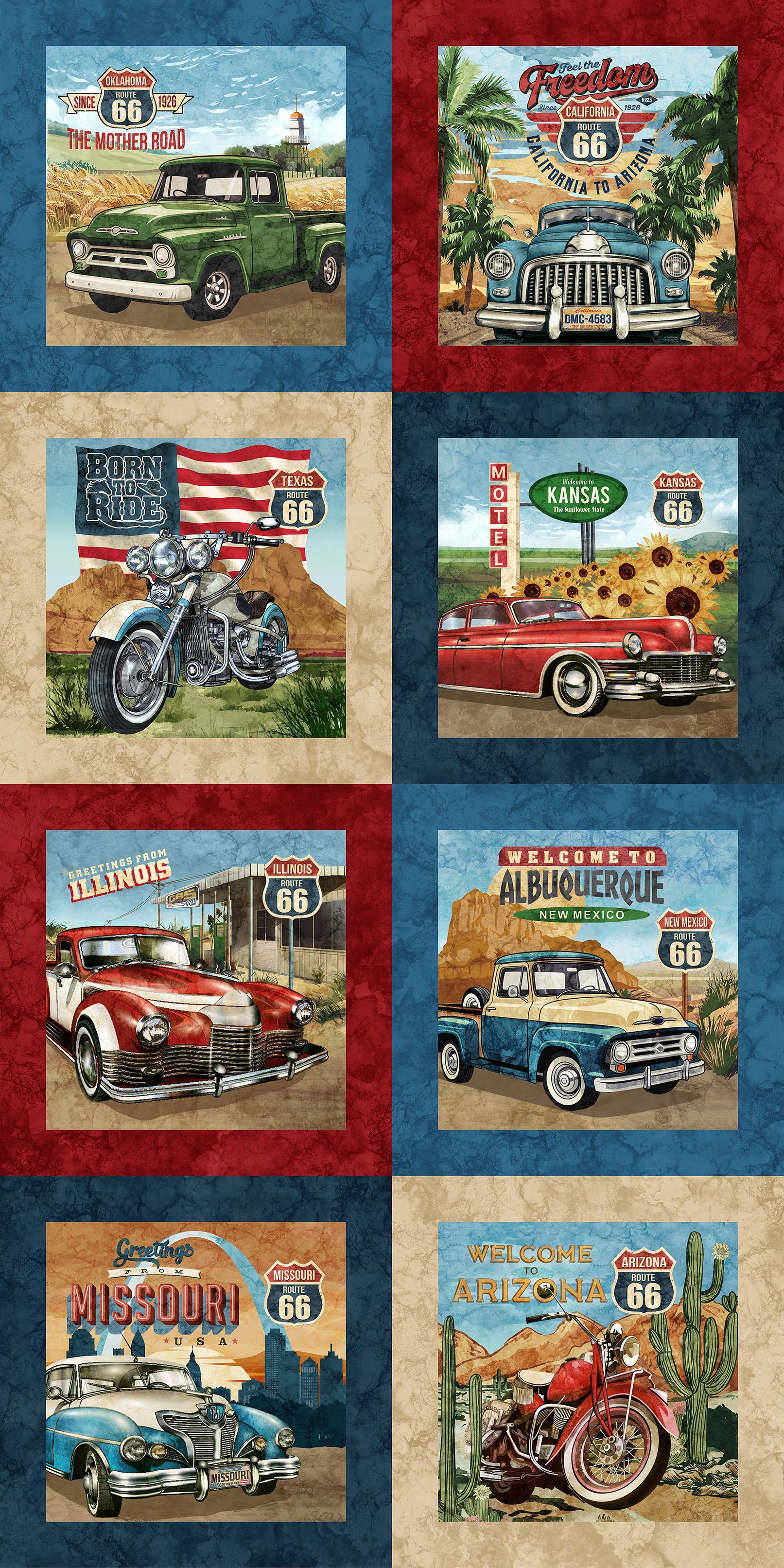 Fabric Northcott Navy Multi Blocks Historic Route 66 Quilt Panel 29240-48