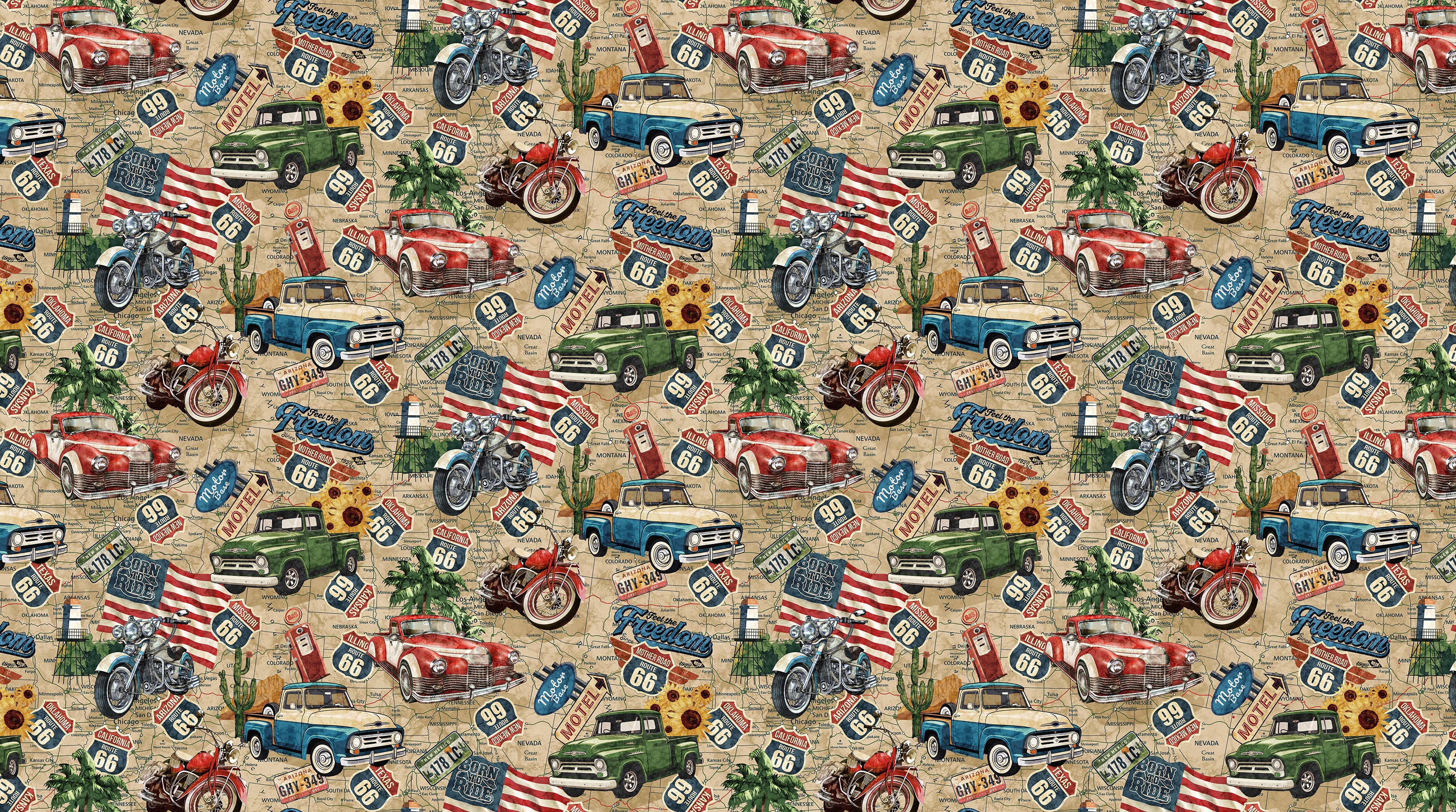 Fabric Northcott Cream Multi Route 66 Toss Historic Route 66 by the Quarter Yard 29241-11