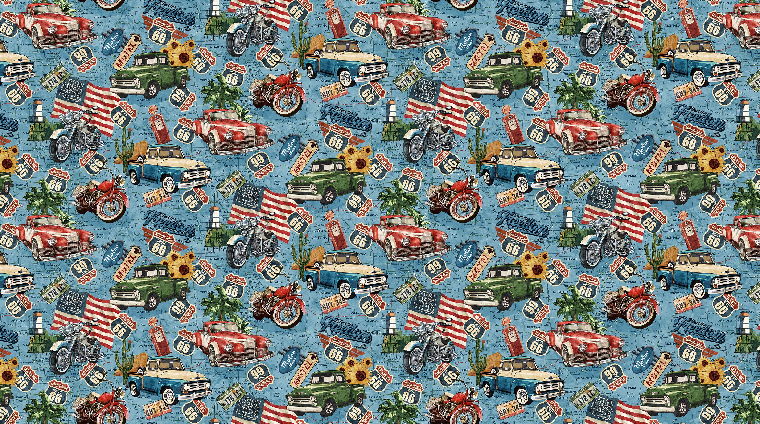 Fabric Northcott Blue Multi Route 66 Toss Historic Route 66 by the Quarter Yard 29241-42