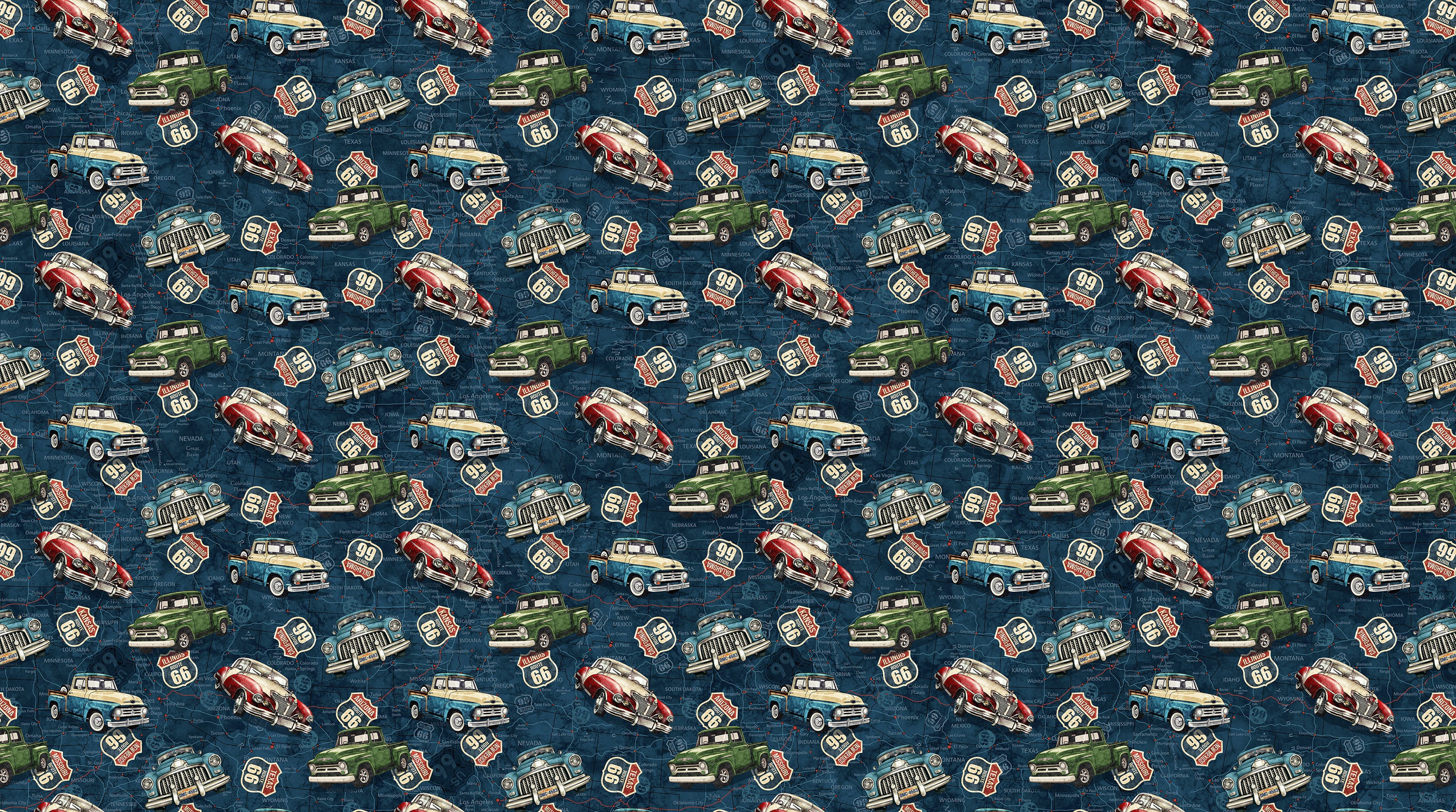 Fabric Northcott Navy Multi Car & Truck Toss Historic Route 66 by the Quarter Yard 29242-48