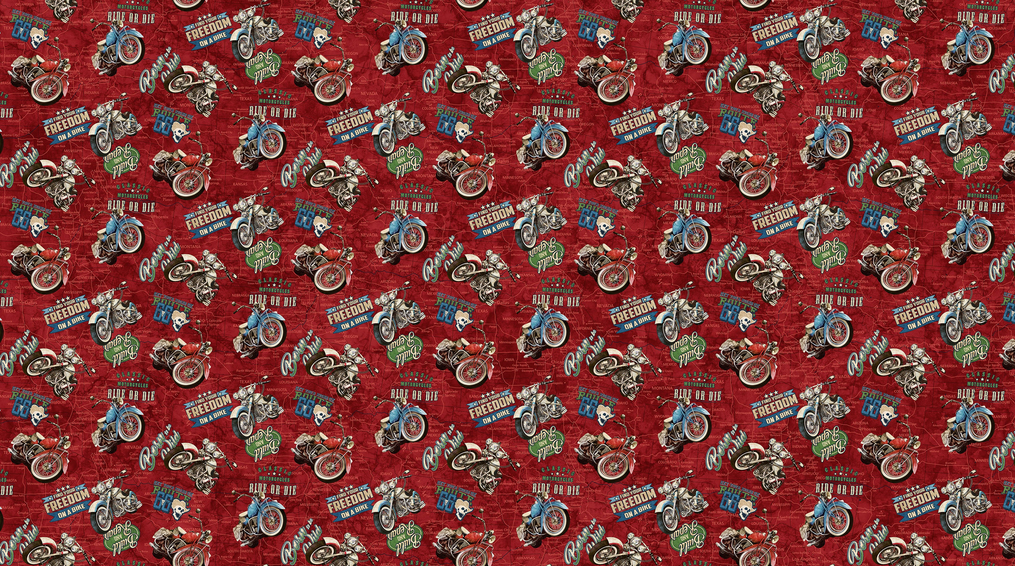 Fabric Northcott Red Multi Motorcycle Toss Historic Route 66 by the Quarter Yard 29243-24