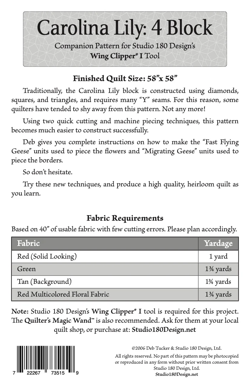 Studio 180 Design Carolina Lily 4 Block Quilting Pattern DTP006