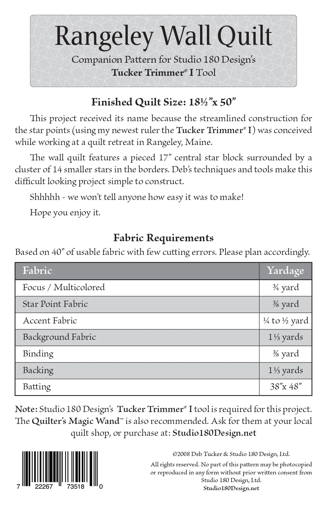 Studio 180 Design Rangeley Wall Quilt Quilting Pattern DTP017