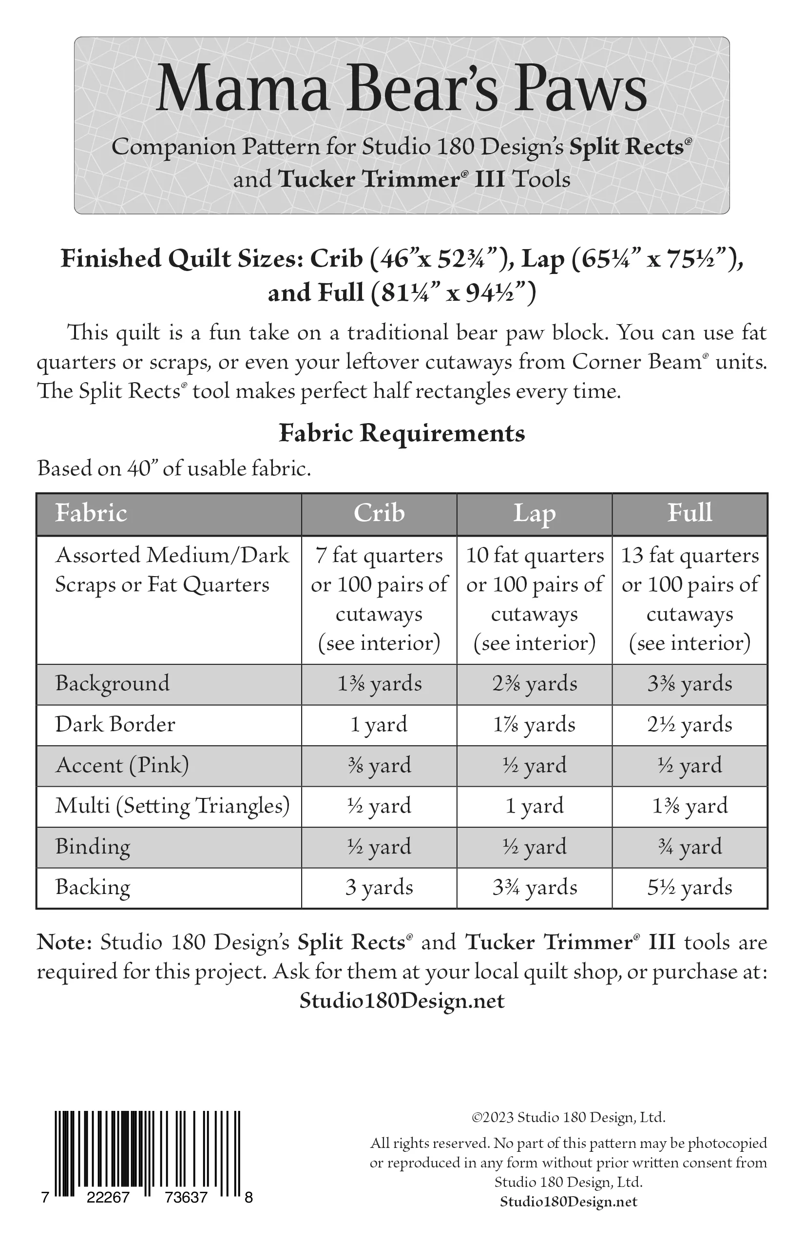 Studio 180 Design Mama Bear's Paws Quilting Pattern DTP091 for Sale at World Weidner