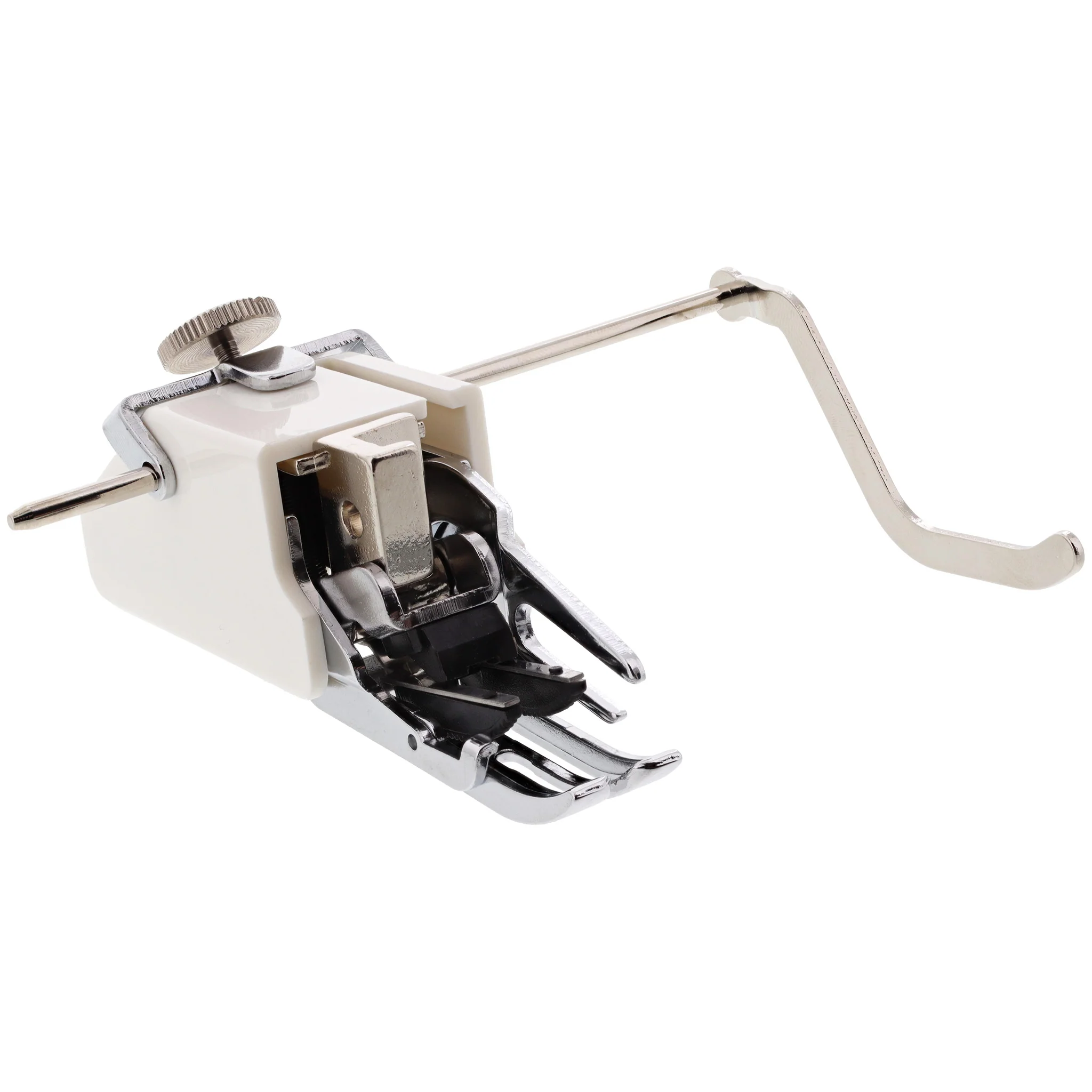 A sewing machine press foot with a crank handle, featuring a white plastic body, chrome metal components, and a black foot pad, shown on a plain white background.