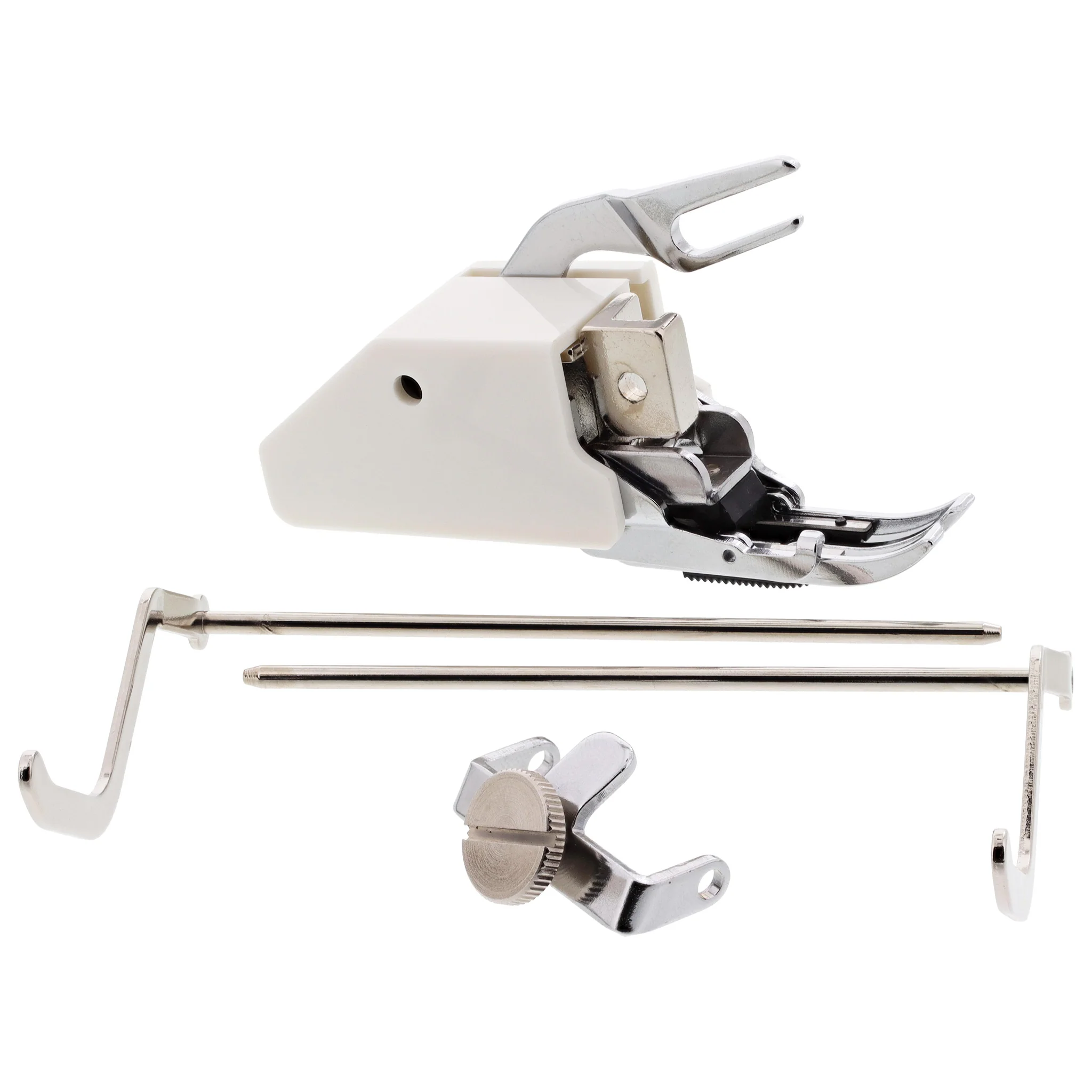 Sewing machine presser foot and mounting hardware set, including a white plastic presser foot body, chrome metal needle plate and foot, two long mounting rods, a small wing nut, and a small hook, shown on a white background.