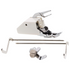Sewing machine presser foot and mounting hardware set, including a white plastic presser foot body, chrome metal needle plate and foot, two long mounting rods, a small wing nut, and a small hook, shown on a white background.