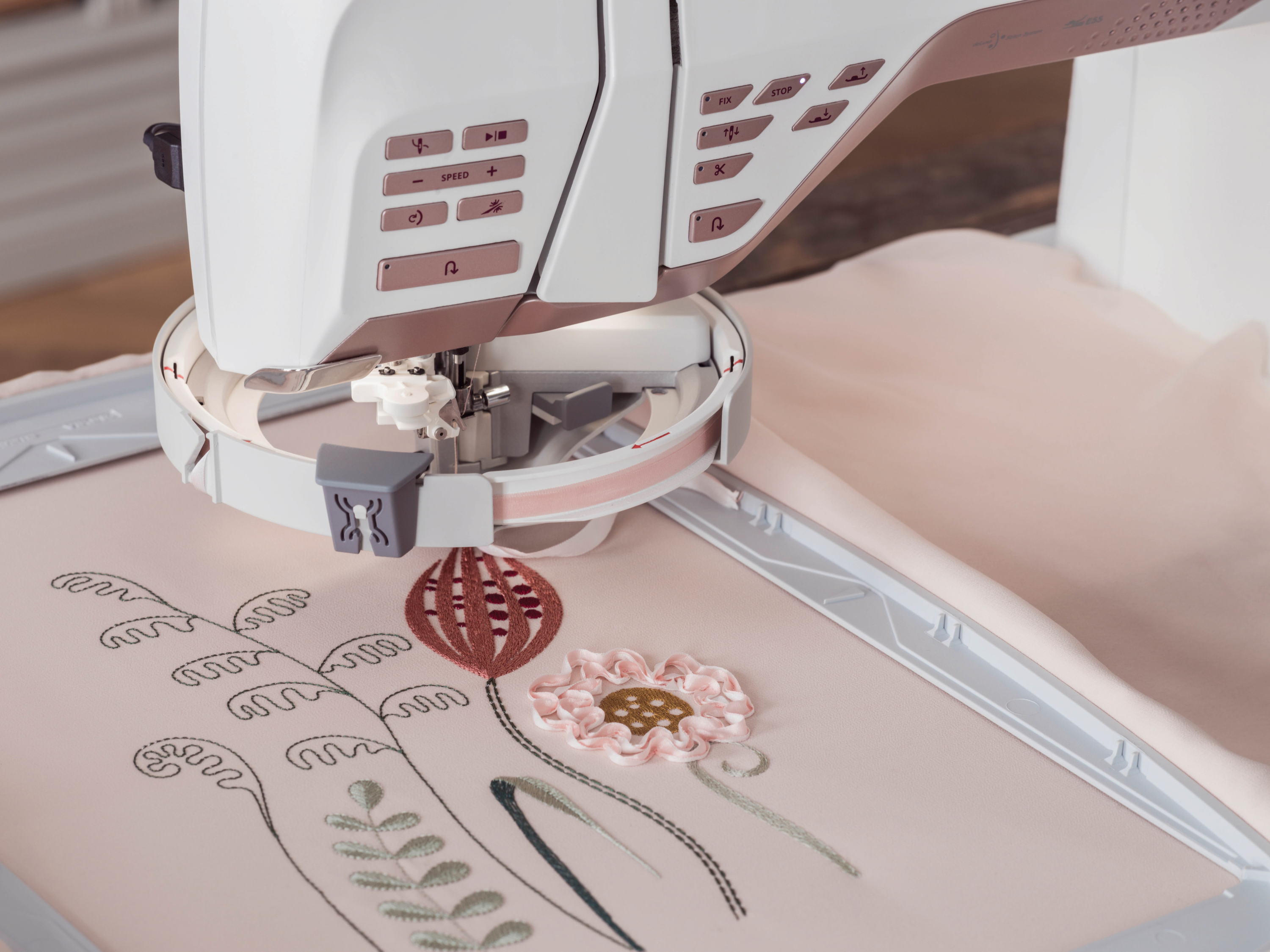 a close up of the Husqvarna Viking Designer Epic 2 Sewing and Embroidery Machine stitching