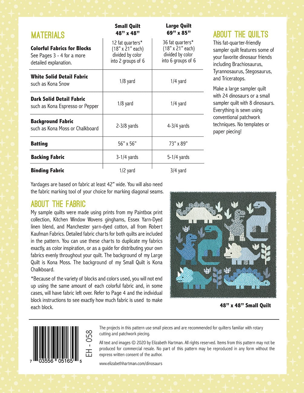 Elizabeth Hartman Dinosaurs Quilt Pattern EH058