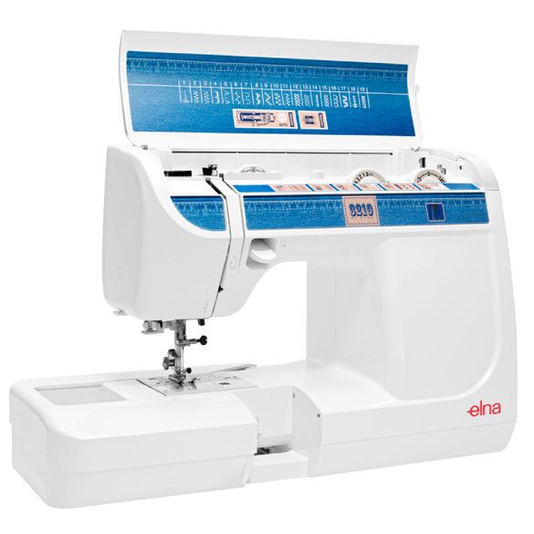 angled image of the elna EL3210 Jeans Sewing Machine with the top open