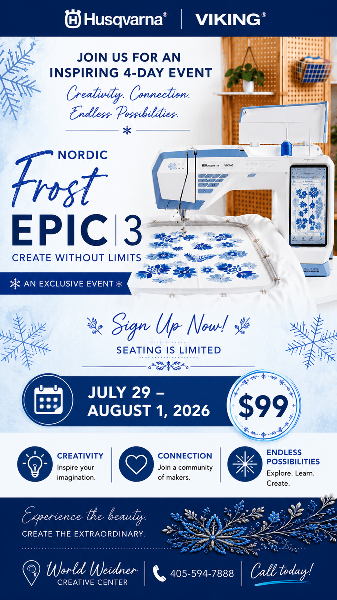 Husqvarna Viking Designer Epic 3 Nordic Frost Exclusive Event 7/29 - 8/1