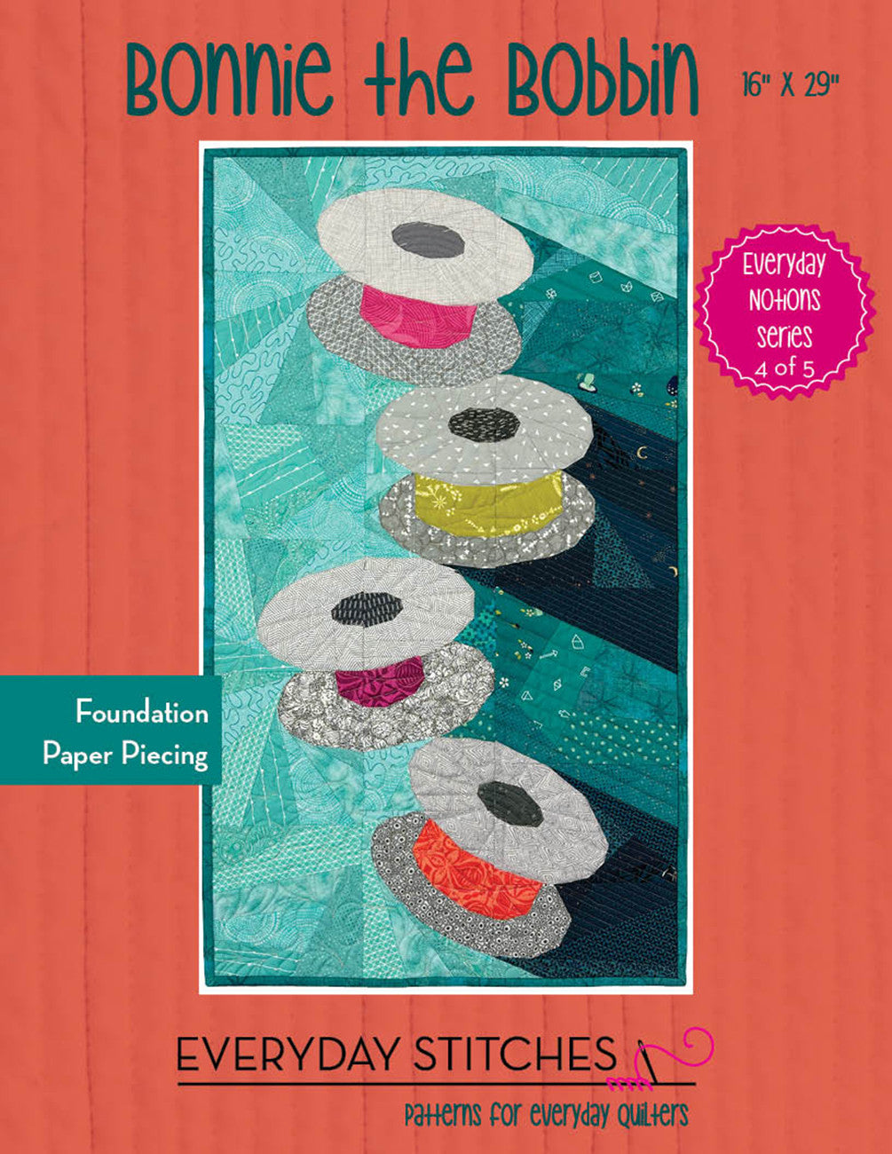 Quilt pattern cover titled 'Bonnie the Bobbin' with colorful spools of thread design on a red background.