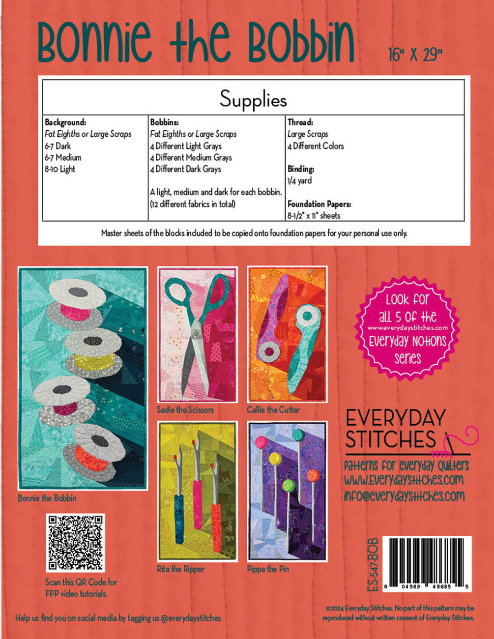 Back cover of a book titled 'Bonnie the Bobbin' with text and images related to sewing supplies and patterns.