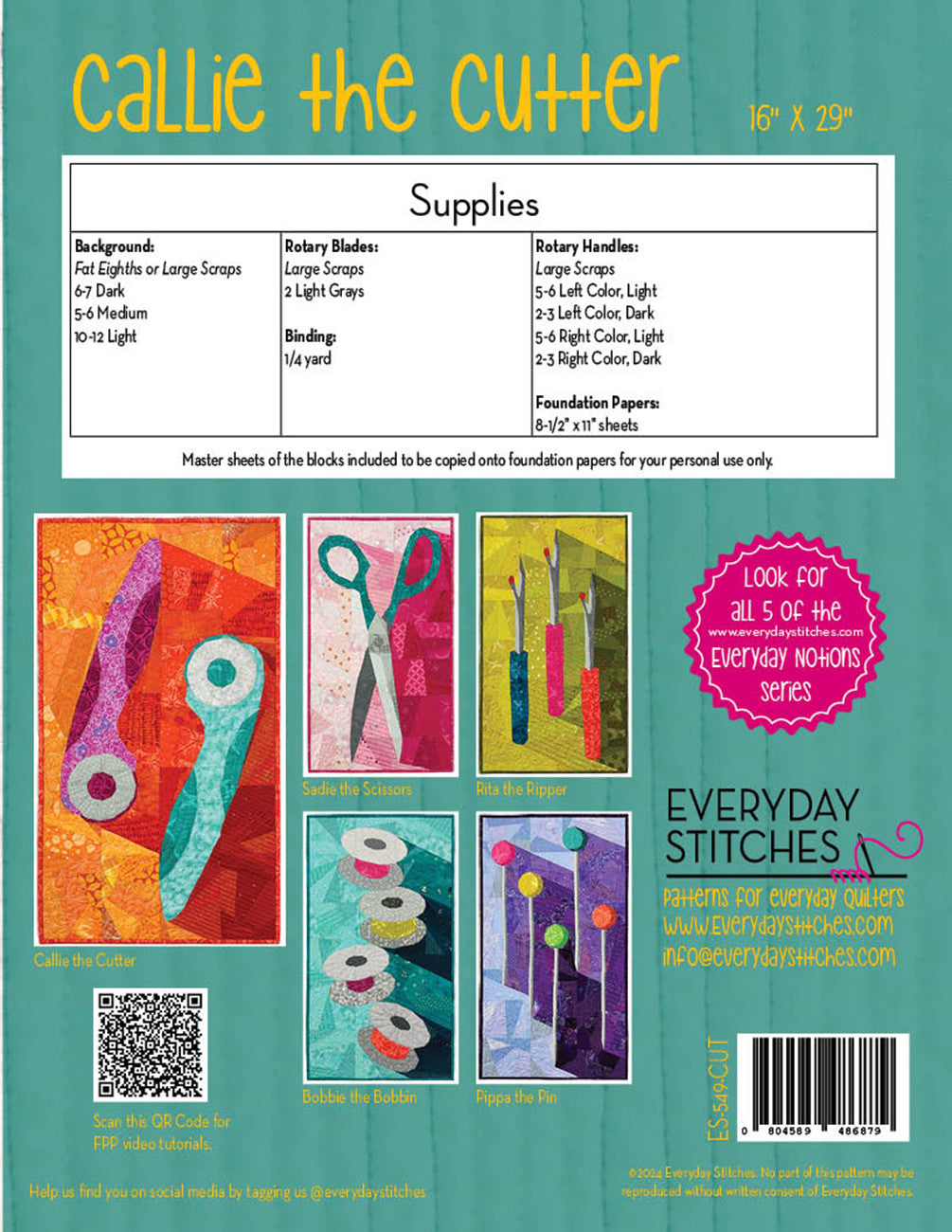 Callie the Cutter pattern book with colorful illustrations of a cutter and various tools on a teal background.