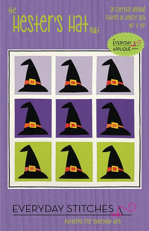 Quilt pattern cover for 'The Hester's Hat Quilt' with black witch hats on a purple and green background.