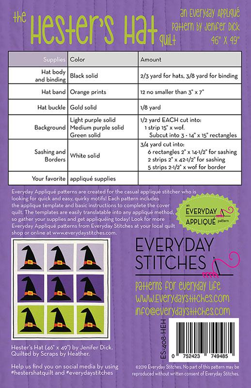 Pattern sheet for 'Hester's Hat' quilt with supplies list and Everyday Applique logo.