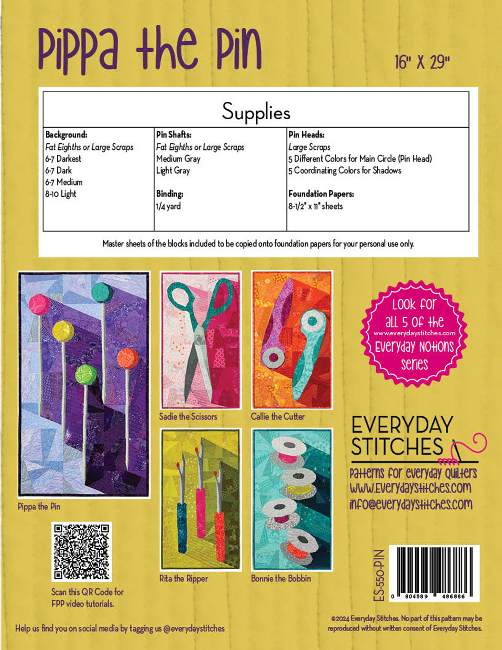 Back cover of a book or product packaging featuring 'Pippa the Pin' with supplies list and branding information.