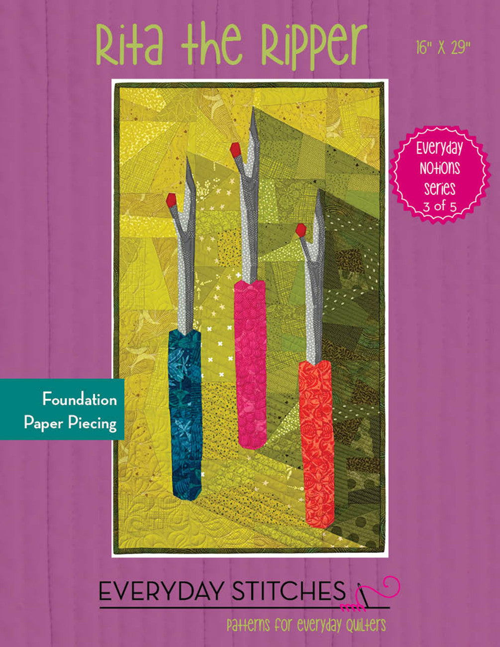 Quilt pattern book cover titled 'Rita the Ripper' with colorful scissors design on a green background.