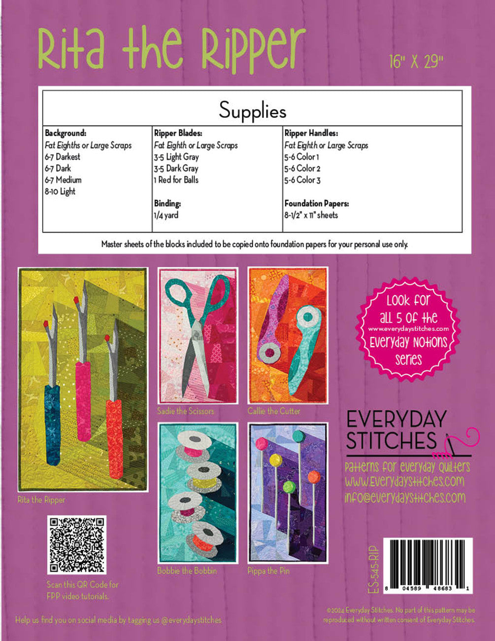 Back cover of a quilt pattern book titled 'Rita the Ripper' with illustrations and text on a purple background.