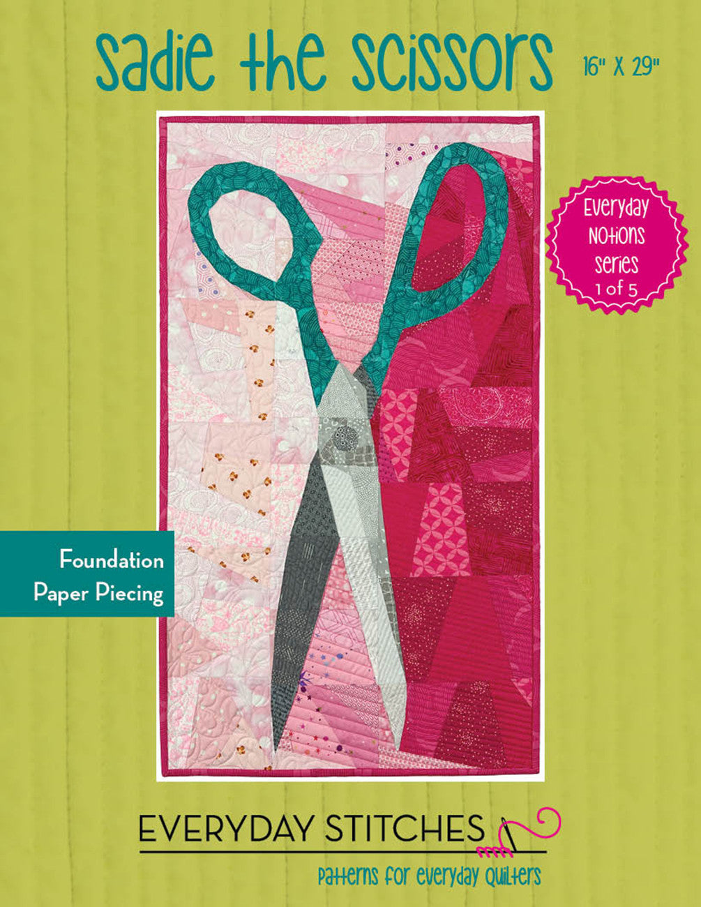 Book cover of 'Sadie the Scissors' with a pink and green scissors design on a green background.