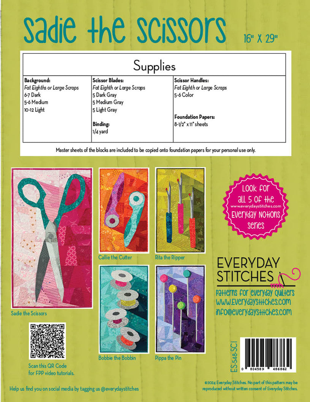 Back cover of a sewing pattern book titled 'Sadie the Scissors' with illustrations and text.