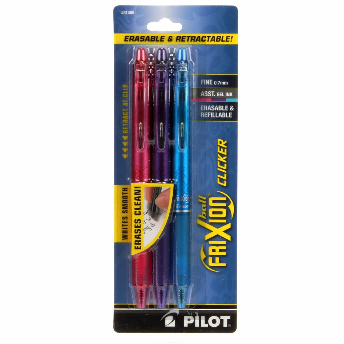 Pilot FriXion Fine Point Erasable Clicker Pen Assorted 3pk .7mm FXCC3002F