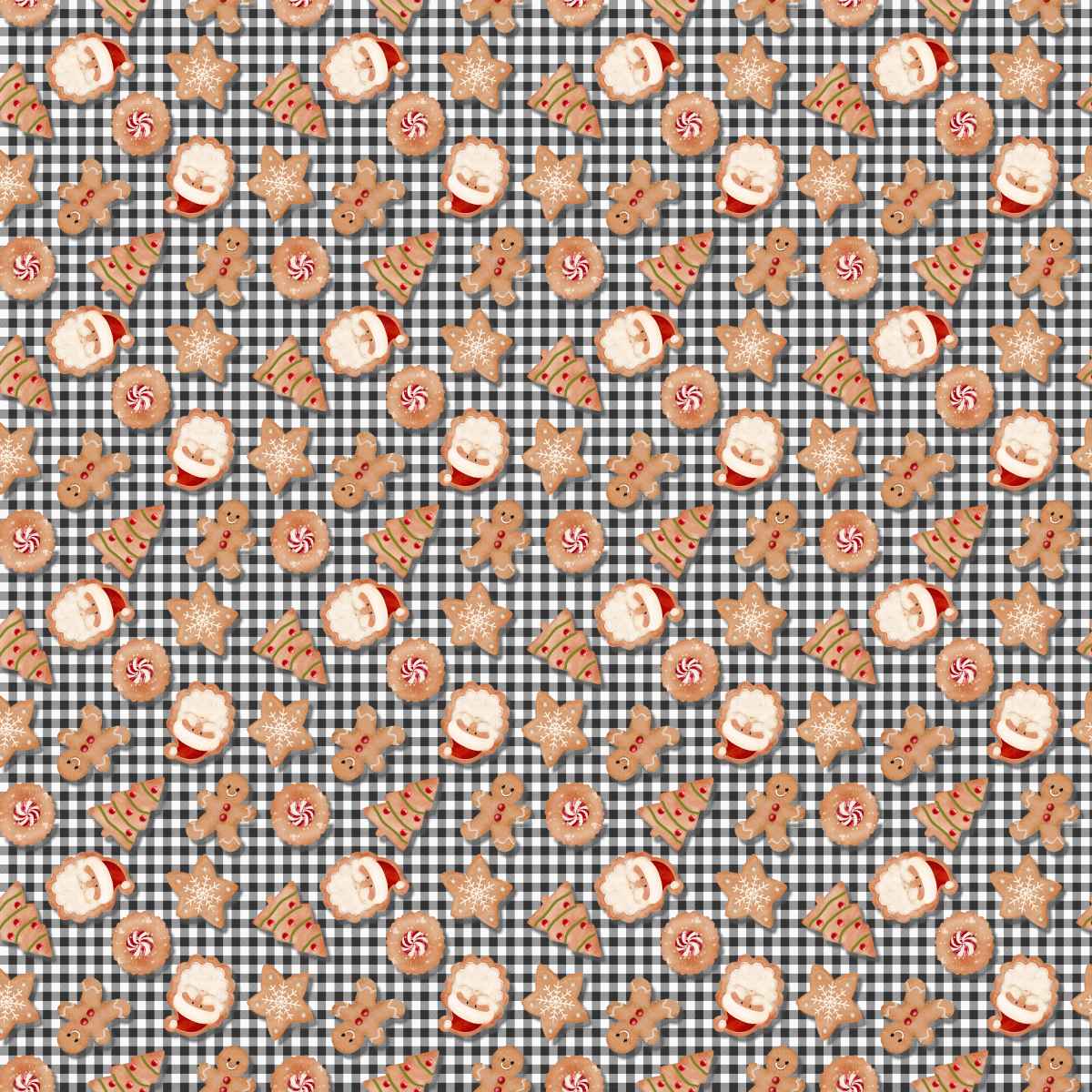Pattern of gingerbread cookies and candy canes on a checkered background