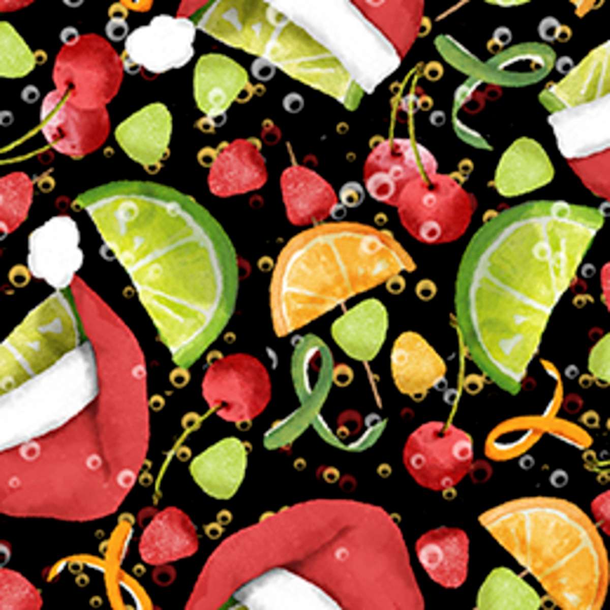 Colorful pattern of Santa hats, limes, oranges, and cherries on a black background