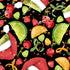 Colorful pattern of Santa hats, limes, oranges, and cherries on a black background