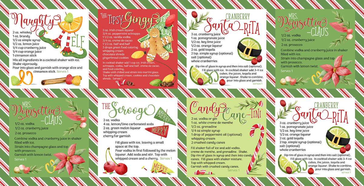 Collection of Christmas-themed recipe cards with colorful designs and text.