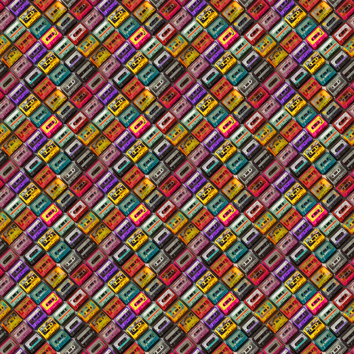 Pattern of colorful cassette tapes arranged in a grid.