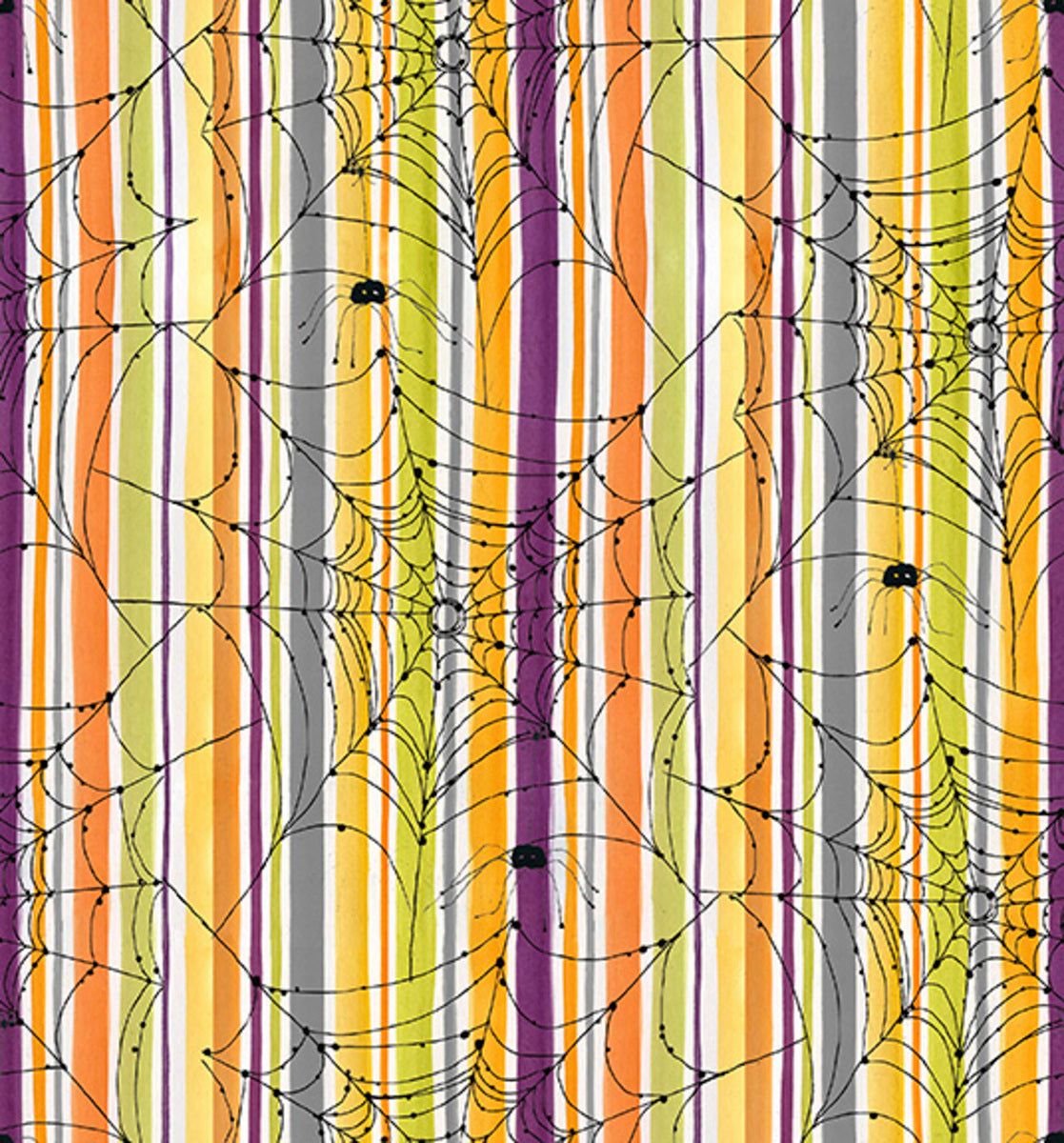 Colorful striped fabric with spider webs and spiders on a multicolored background
