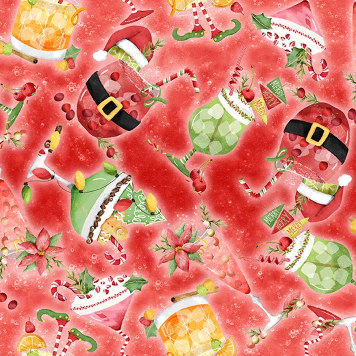 Pattern of colorful cocktails with Christmas-themed elements on a red background