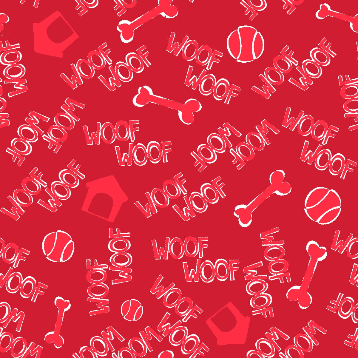 A repeating red and white pattern featuring the word 'WOOF' in various stylized fonts, along with dog bone, tennis ball, house, and heart icons on a bright red background.