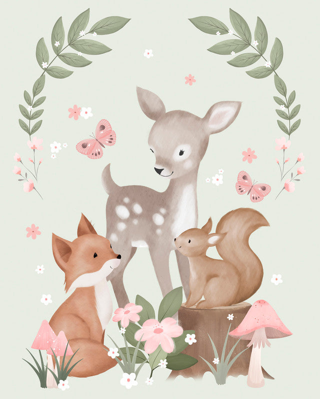 Illustration of a deer, fox, and squirrel surrounded by flowers and leaves on a light background