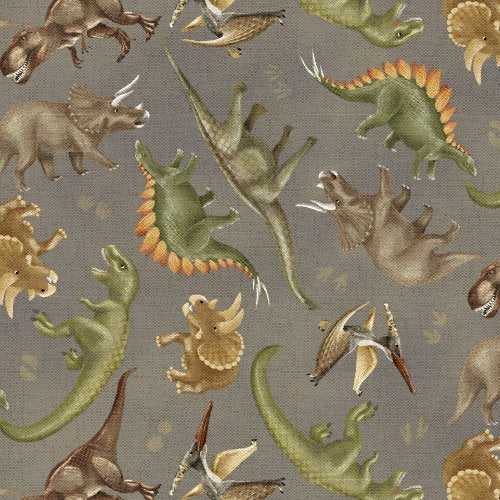 Fabric 3 Wishes Taupe Tossed Dinos Dinosaur Trails by the Quarter Yard 24152-TPE