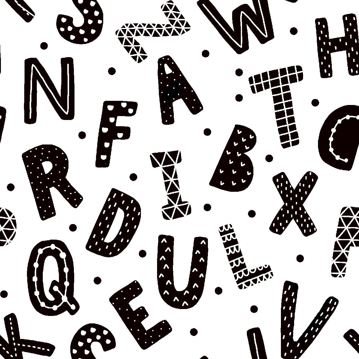 Black and white patterned alphabet print featuring hand-drawn uppercase letters with various doodle textures like dots, stripes, triangles, and outlines, set against a white background with scattered black dots.