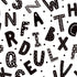Black and white patterned alphabet print featuring hand-drawn uppercase letters with various doodle textures like dots, stripes, triangles, and outlines, set against a white background with scattered black dots.
