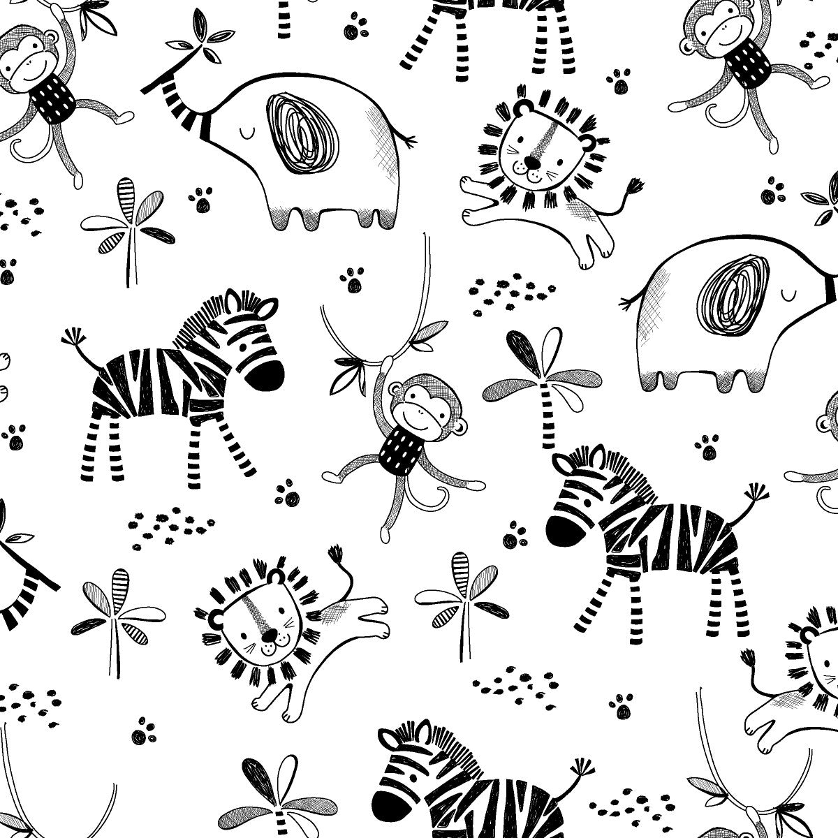 Black and white pattern of zebras, monkeys, elephants, and other animals on a white background.