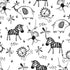 Black and white pattern of zebras, monkeys, elephants, and other animals on a white background.