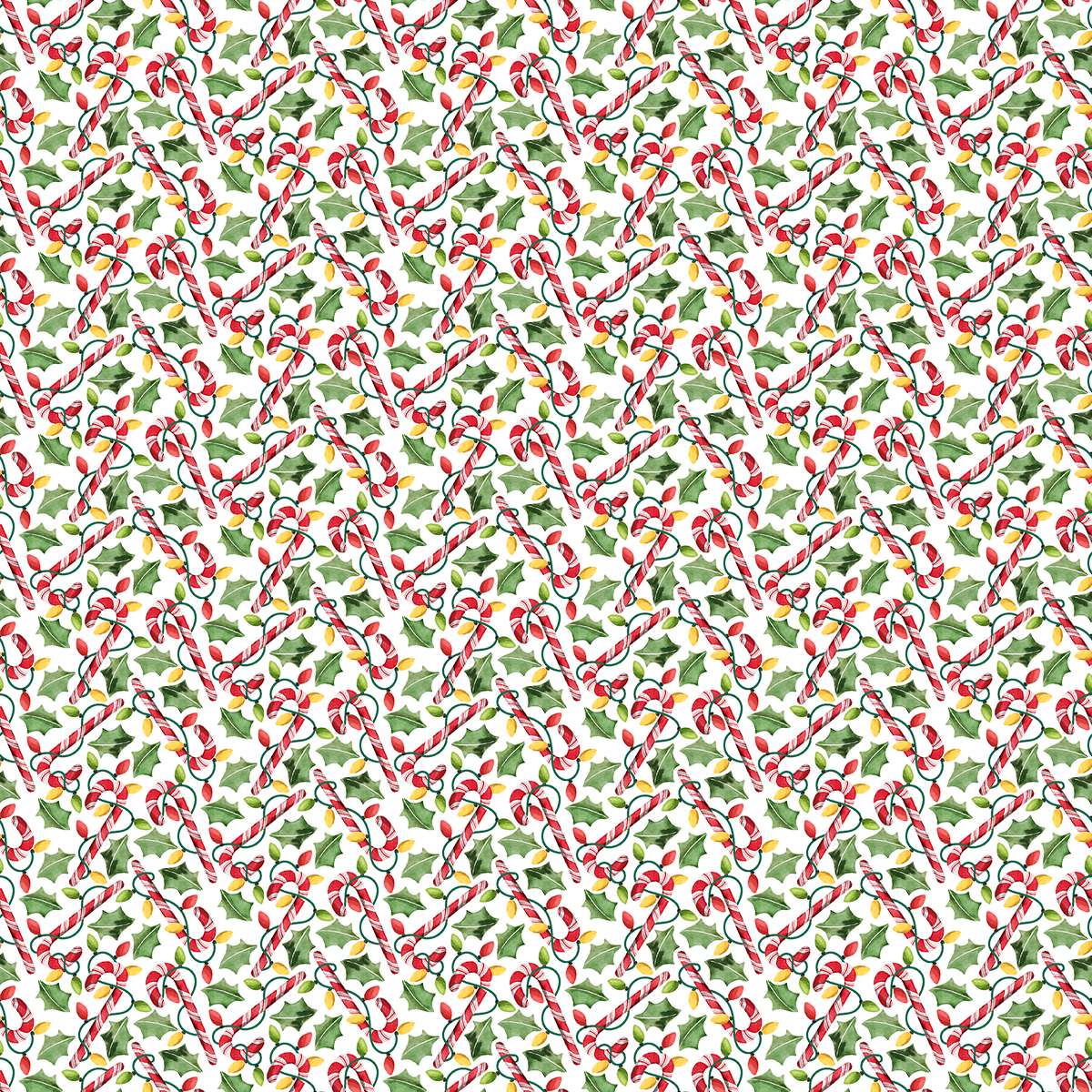 Pattern of candy canes and holly leaves on a white background