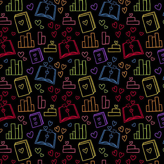 Colorful pattern of books and hearts on a black background