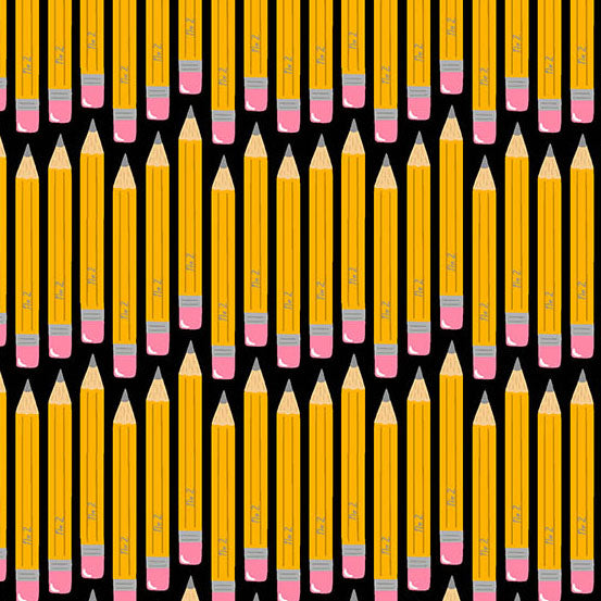 Pattern of yellow pencils with pink erasers on a black background