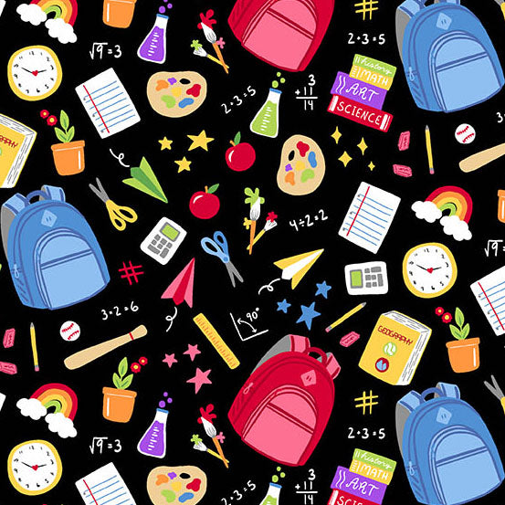 Colorful school supplies and educational items on a black background