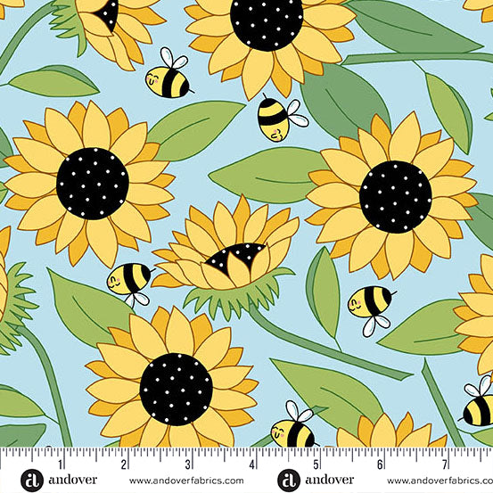 Fabric Andover Blue Blooms Abuzz Sunny Honey by the Quarter Yard A-1574-B