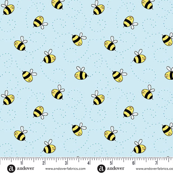 Fabric Andover Blue Buzzy Bees Sunny Honey by the Quarter Yard A-1577-B