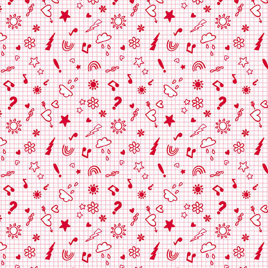 Red doodles on a grid background